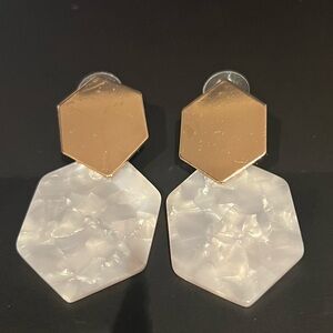 Plastic drop earrings, gold and pearl colored